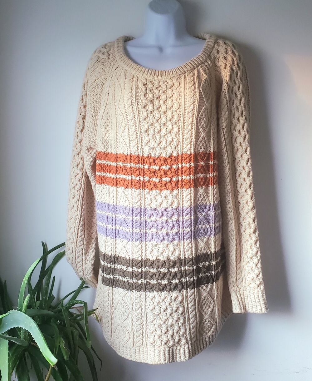 L.L. Signature Womens Chunky Knit Cream Stripped Tunic Size Large Preppy Cozy